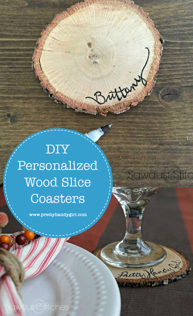 Add rustic charm to your tablescape with these DIY personalized wood slice coasters | Table decor | Name tags for table | Pretty Handy Girl #prettyhandygirl #tablescape #tabledecor