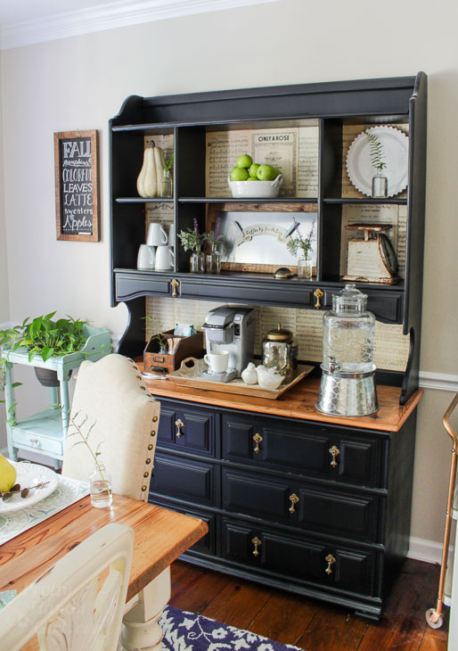 black hutch with coffee bar set up