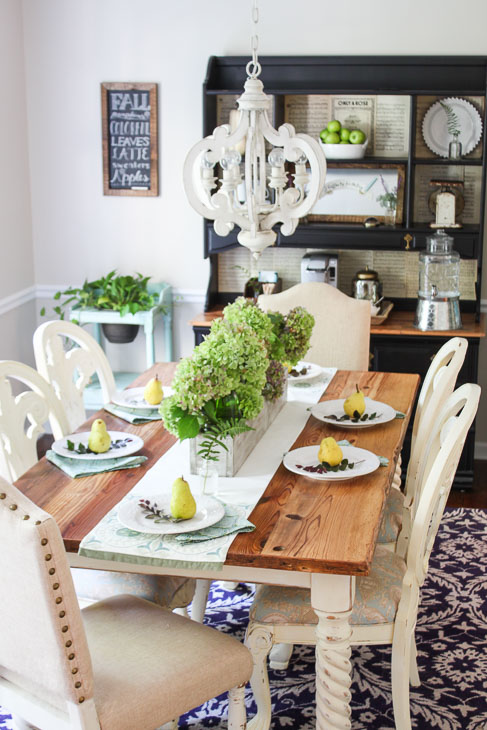 Rustic Fall Tablescape with hydrangeas and pears