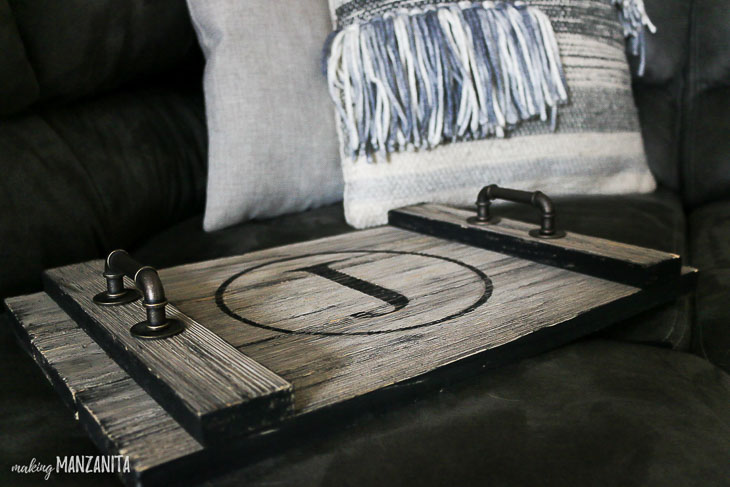 farmhouse serving tray close up view. Letter J Monogram