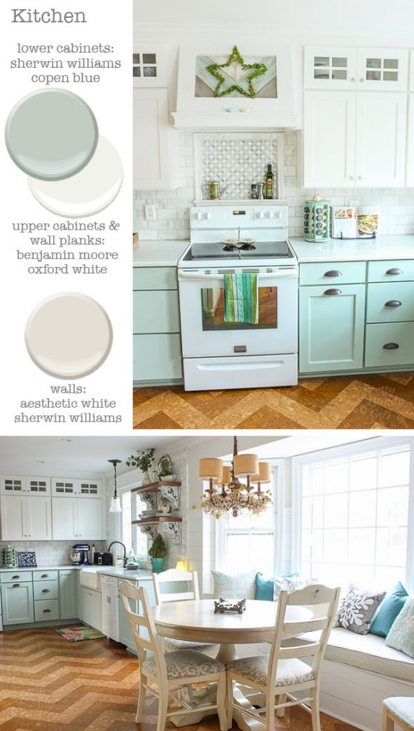 Kitchen - Cabinets: Sherwin Williams Copen Blue and Benjamin Moore Oxford White - Walls: Sherwin Williams Aesthetic White | Pretty Handy Girl