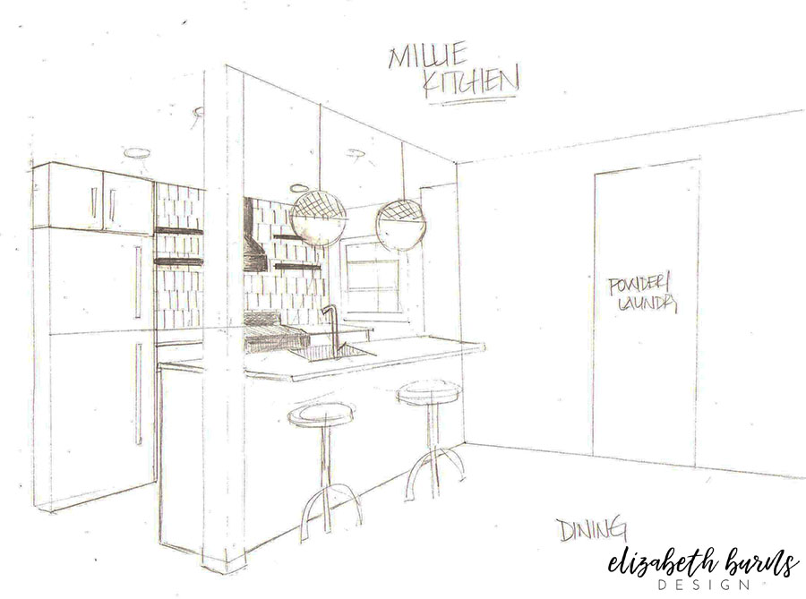 Pencil sketch of Millie's Remodel Kitchen