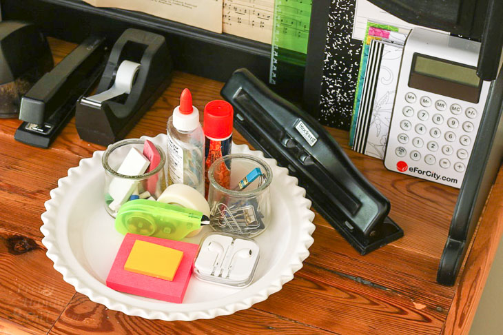 office supplies in pie dish