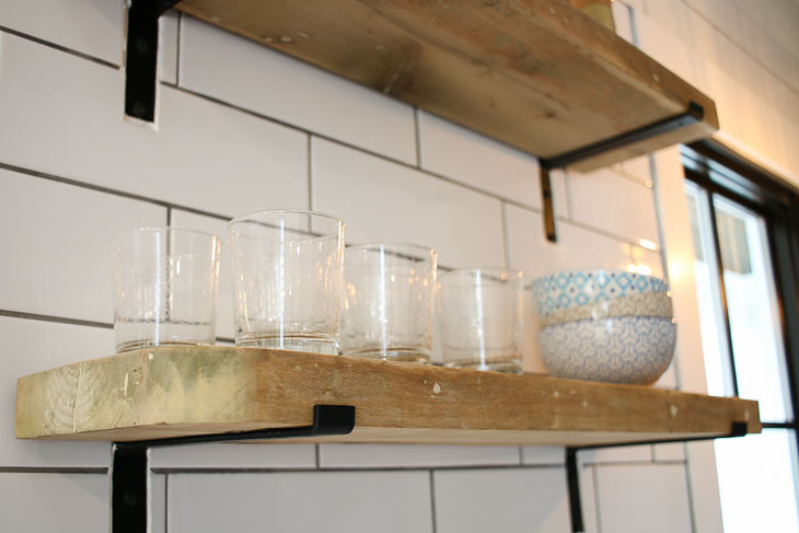 reclaimed lumber open shelving modern farmhouse style with glasses