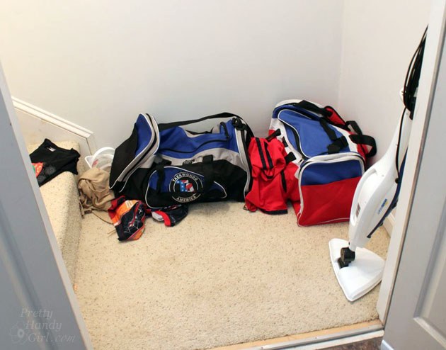 Sport Gear Storage Shelves in a Small Space | Pretty Handy Girl