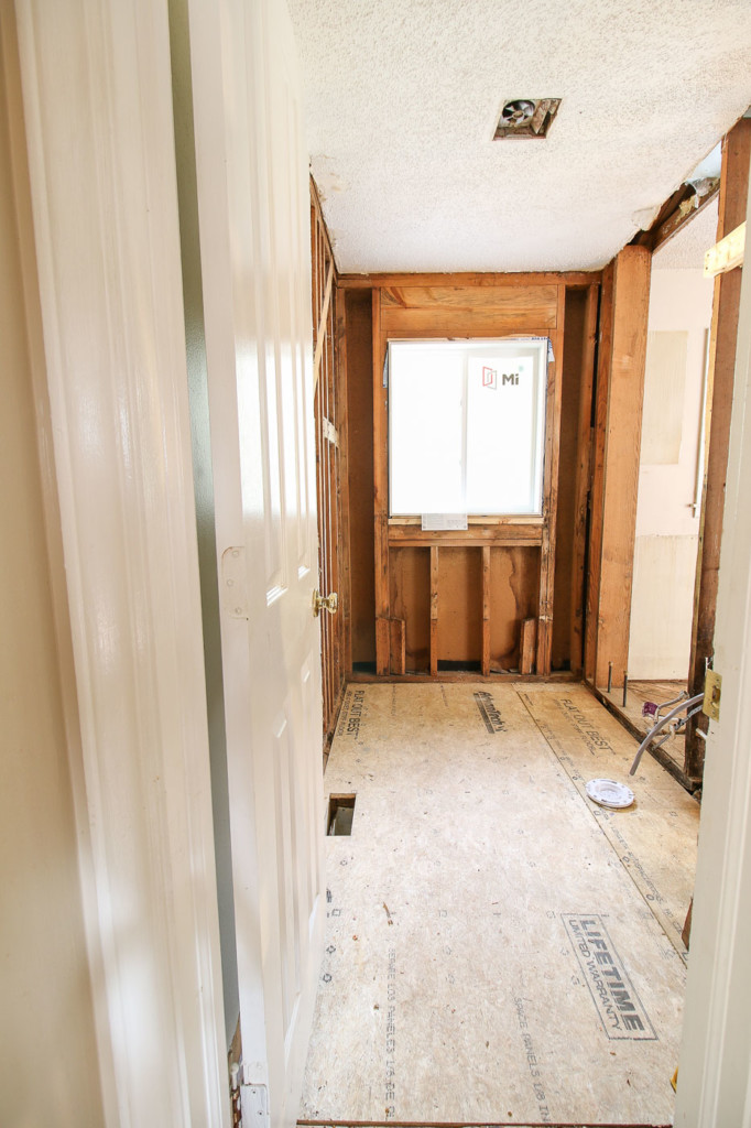 view of framing and new subfloor in bathroom