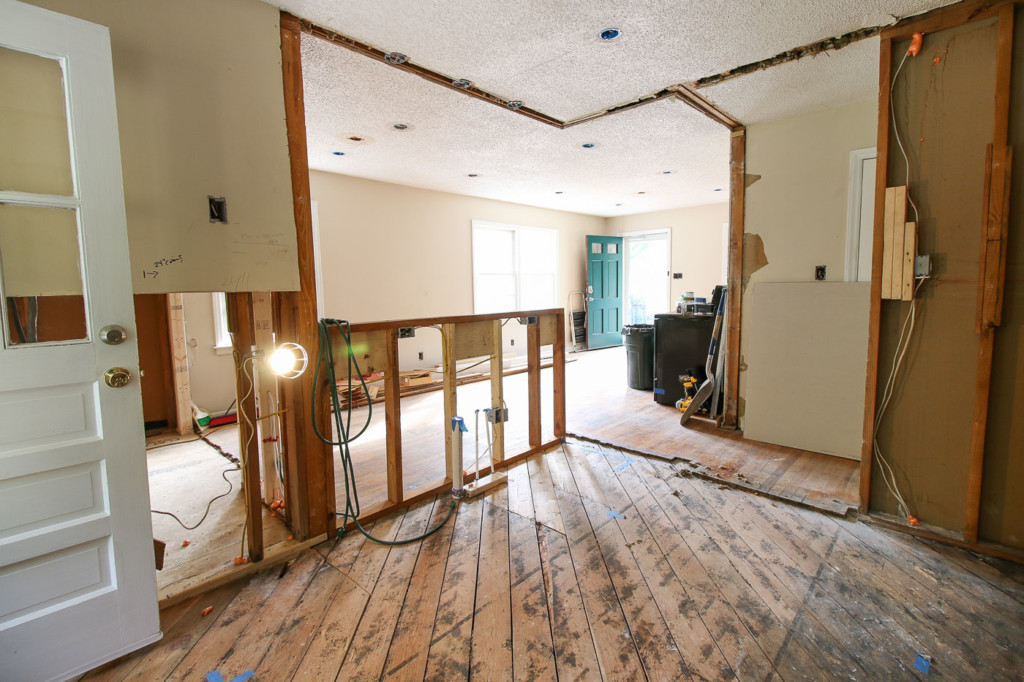 view from kitchen into living room showing new open concept